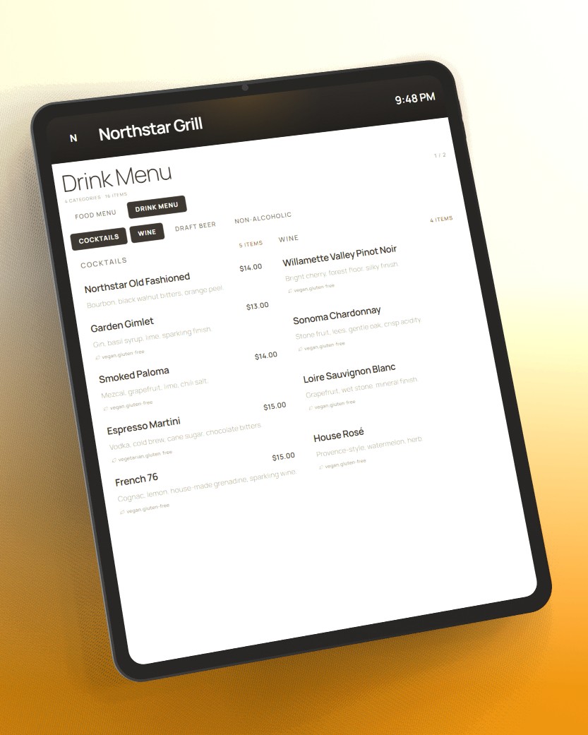 Northstar Grill digital menu displayed on a tablet