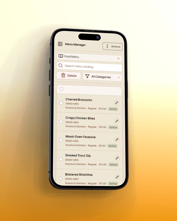 Tabern menu manager displayed on a phone